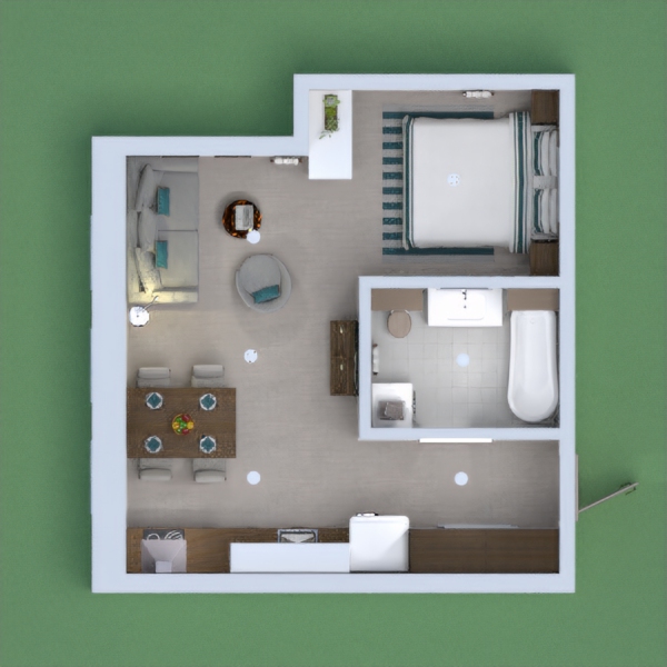 A small apartment with the main spaces: kitchen, living room, bedroom and bathroom.
