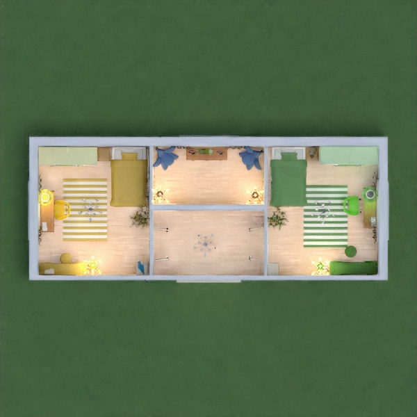 This is a nice sisters bedrooms! I did modern, fun, colors! The directions said to do the main colors green and yellows! Now that was a challenge! They are identical! I hope you like it! Thanks!