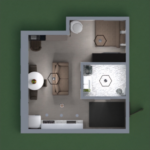 un piso de campo estrecho, equipado con: cuarto de baño, habitacion, comedor, cocina y sofa echos de madera y con tonos marrones, azules y blancos.