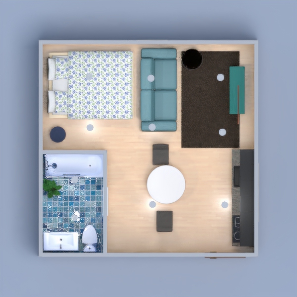 A small apartment that has all the basic nesictys. For the colors I tried to use lighter ones with darker varients to make it look bigger.