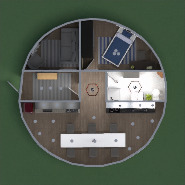 round house with living room kitchen bathroom 1 bedroom and a hallway