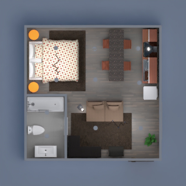 Gracias por el apoyo en los demás proyectos. Espero que este también os guste.
El proyecto de esta semana simula un pequeño apartamento con cocina, baño y habitación, todo está diseñado con colores oscuros, como el marrón, destacando detalles como las mesitas de noche que son de color naranja. 
Un saludo. ;)