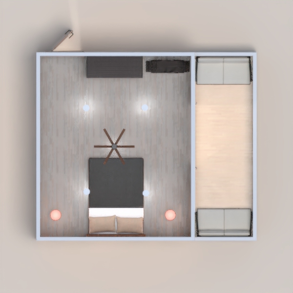 This is a beautiful Minimalist bedroom and balcony with a plush wooden framed bed with soft grey covers. It has a dark wooden theme but also small white stand-outs.