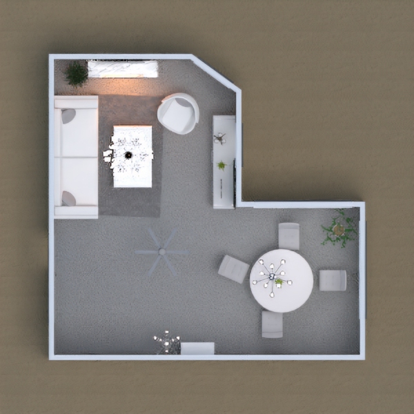 This is a living and dining room with white and gray colors. I made this house to make it seem like it was from the heavens and that god and angels use it.