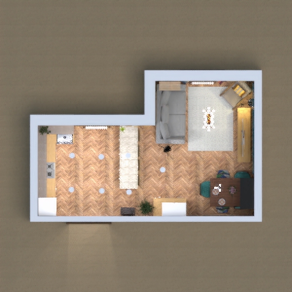 A kitchen, living and dining area in an old town house, it is slightly rustic in the kitchen but also has modern, urban aspects accompanied by older features to meet the old town house vibe. Votes are appreciated!