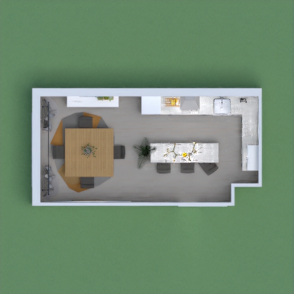 this is a family kitchen with an island and a dining room. the main color is a bright sunshine yellow and lots of grays. it is very modern and lots of people could dine in here