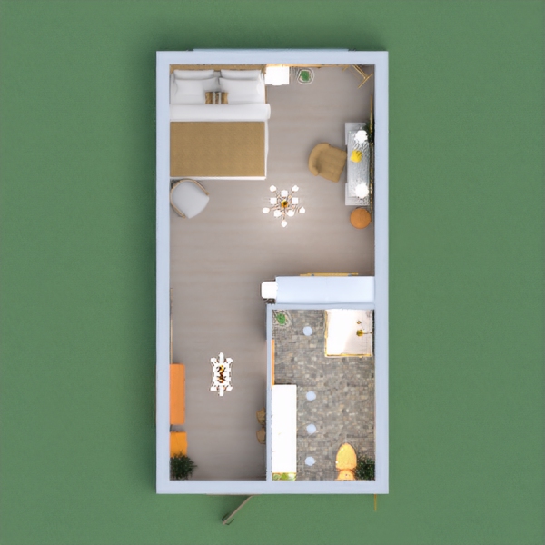 Un piso pequeño con una habitacion y su baño acompañando con colores blancos y dorados.