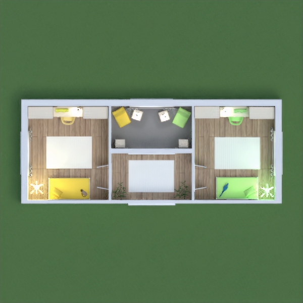 Green and yellow themed bedrooms for teenage girls, complete with a communal room.
