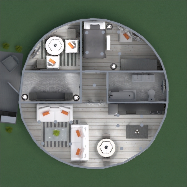 My round house is modern, has a loft bed, an outdoor space, and an office. It is very spacious and you can fit enough furniture. The bathroom has both a bath and a shower. The house also has an entryway where you can take off your boots and welcome your guests. This is why I love my round house!