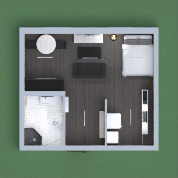 Modern apartment including bedroom, bathroom, living room, dining area, and kitchen.