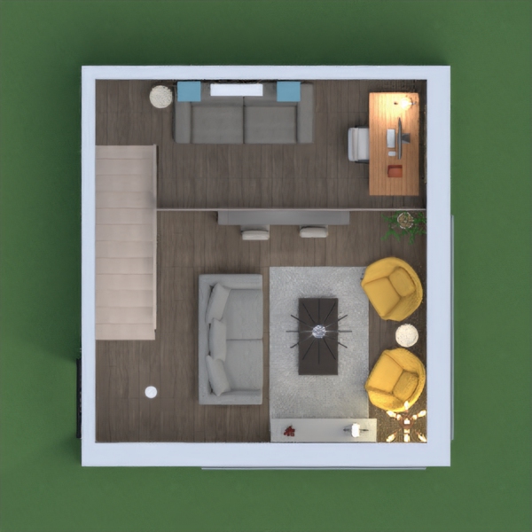 This multifunctional space allows someone the opportunity to relax, cook, work, and have fun. I incorporated a kitchen and living room area, as well as a upper level with more privacy. The second story can be used  as a chill space as well and a place to do work or school.