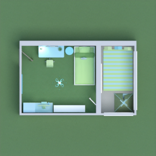 here is my bedroom and balcony. it has a blue and green theme.