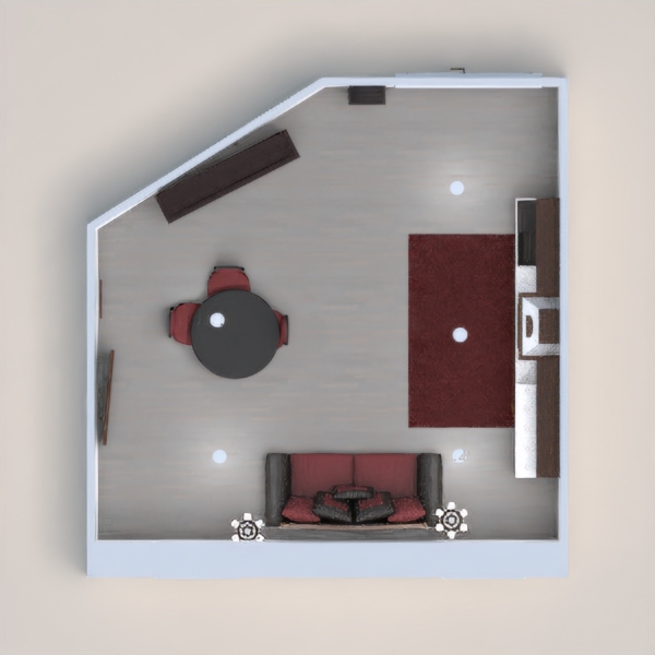 Classic Kitchen and Living room with a red/black and brown  color theme