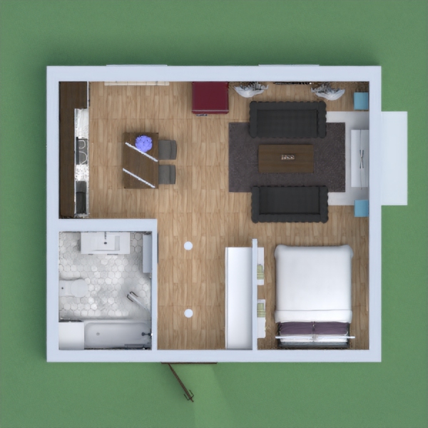 Modern apartment including spacious bathroom, kitchen, living, and bedroom areas.