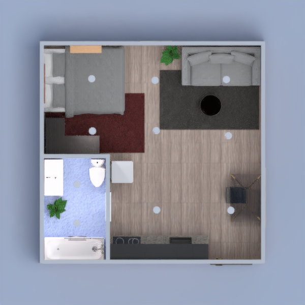 Petit appartement avec deux pièces 
Une salle de bain avec un toilet, une baignoire et un lavabos.
Une chambre avec lit double et armoire.
Un salon sans télévision, une cuisine et un petit bureau.????