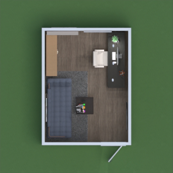 home office, with storage, a rest area and a work area with a large table.