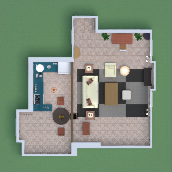 monicas apartment from friends- kitchen , dining table,livingrom,desk area and hallway